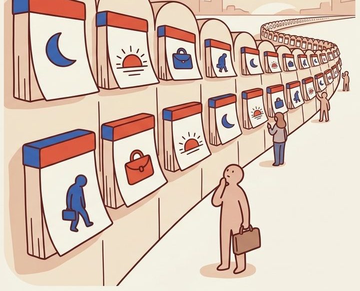 遠くまでずらっと並ぶ月曜日のカレンダーを見上げる人のイラスト